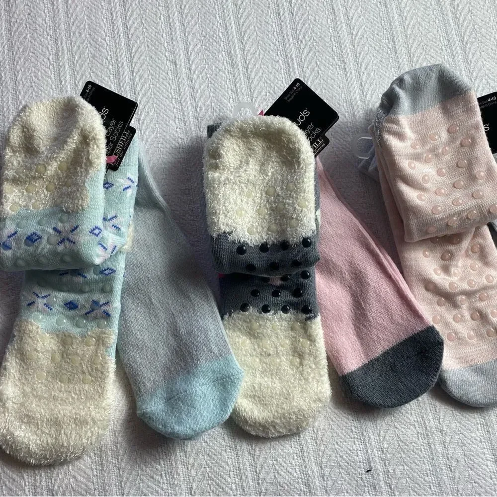 Cuddl Duds Girls 4-10 Ankle Double Layer Slipper Socks Total 6 Pr
